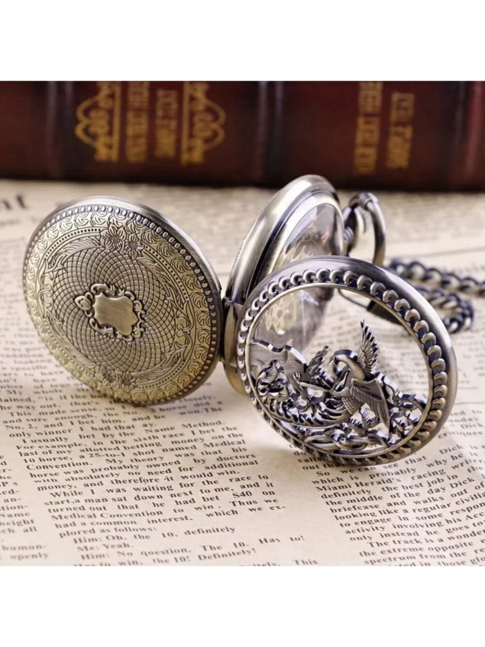 Men's Gold Bronze Skeleton Roman Numerals Hollow Mechanical Round Pocket Watch
